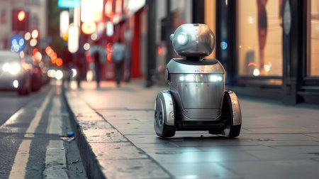 Autonomous surveillance robot on a city sidewalk. A robotic security guard patrolling the street....
