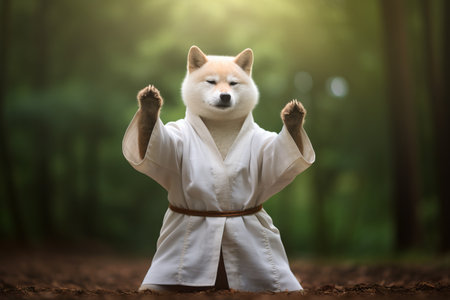 Karate Master Shiba Inu dressed in white practice uniform Showcasing Karate Skills in Forest. Dog practicing Martial Arts. Call for harmony, balance, spirituality and self-development. Funnyの写真素材