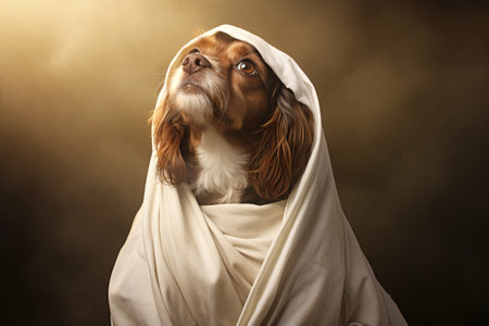 Majestic wise dog sage dressed in robe in the rays of light. Light create halo around dog, making it look like divine creature. Religion conceptの写真素材