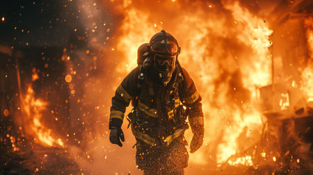 Firefighter advancing through a fiery explosion. Emergency responder amidst intense flames. Concept...