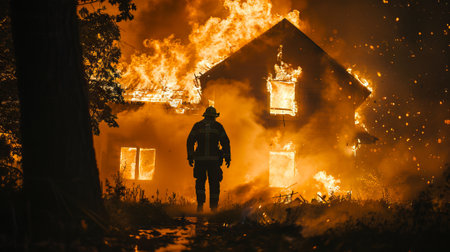 Firefighter approaching a fully engulfed home at night. Heroic firefighter ready to tackle a catastrophic residential fire. Concept of bravery, emergency action, peril, and firefighting.の写真素材