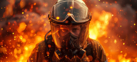 Firefighter surrounded by intense fire. Fireman battling a fierce blaze. Concept of firefighting,...