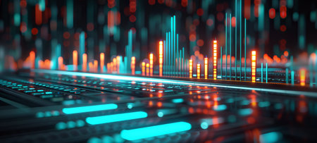 Neon-lit financial bar graph on digital interface symbolizing data analysis and market trends. Ideal for illustrating advanced trading platforms, real-time stock analysis, dynamic financial technologyの写真素材