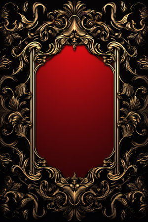 Gold and red baroque style frame, ornately designed. Royal rococo black frame with copy space. Concept of regal decoration, luxurious styling, and bold interior accents. Mockup. Templateの写真素材