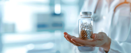 Doctor Homeopath with homeopathy medicine bottle. Hand displaying homeopathic globules. Concept of homeopathy, alternative medicine, organic apothecary, naturopathy. Banner. Copy spaceの写真素材