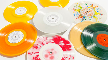 Collection of vinyl records on white background. Assortment of vinyl LPs. Top view. Copy space....