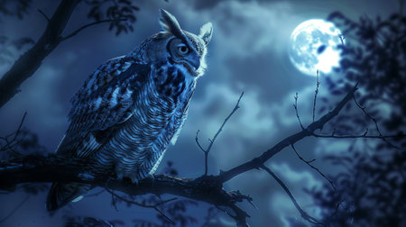 Majestic owl perched on a branch under the full moon. Nocturnal bird of prey in a mystical night setting. Concept of nature's sentinel, mysterious night life, and wilderness.の写真素材