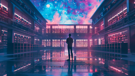Person standing in a futuristic library with cosmic galaxy view. Science fiction and knowledge concept. Design for book cover, poster, wallpaper.の写真素材