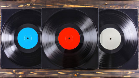 Vinyl records. Assortment of vinyl LPs. Top view. Concept of music diversity, vintage collection aesthetics, retro music, nostalgia, vintage audioの写真素材