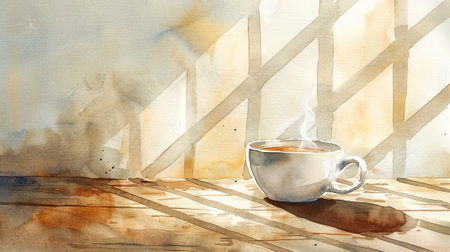 Steaming cup of coffee on wooden table with shadows from window. Cozy breakfast scene with warm sunlight. Hot drink. Concept of calmness, morning routine, aromatic awakening. Copy space. Watercolorの写真素材