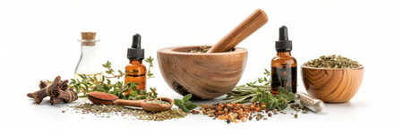 Fresh herbs and lab equipment on a white backdrop. Herbal plants with mortar and pestle. Concept of herbal medicine, natural remedies, scientific research in homeopathy, and plant-based therapy.の写真素材