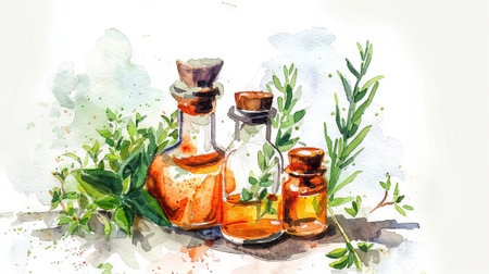 Glass bottles with natural ingredients and medicinal herbs. Concept of organic apothecary, herbal extract, tincture, natural medicine, homeopathy, remedies Watercolor illustration. White backdropの写真素材
