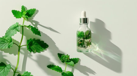 Essential oil. Botanical extract in dropper bottle with green leaves around. White background. Concept of essence, natural skincare, organic beauty products, aromatherapy, herbal cosmetics. Top viewの写真素材