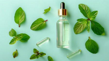 Essential oil in a clear dropper bottle surrounded by green leaves. Concept of natural skincare,...
