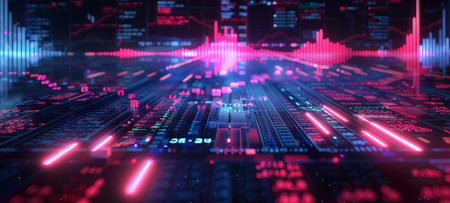 Futuristic financial market data analysis with glowing digital interface. Trading platform concept....