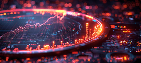 Advanced futuristic circular financial graph with glowing lines and stock market data on dark...