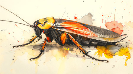 Insect in watercolor art style. A cockroach amidst vivid watercolor stains. Concept of biological illustration, artistic representation, and colorful painting. Aquarelleの写真素材