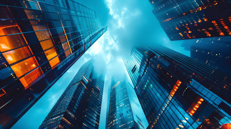 Upward view of illuminated Futuristic skyscrapers under a dusky sky. Glass high-rises reflecting...