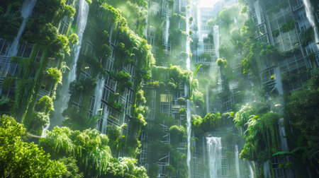 Vertical garden city, where skyscrapers are covered in lush greenery and hanging gardens. Integration of nature and architecture.の写真素材