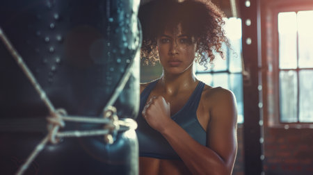 African American female boxer in boxing gym with punching bag. Athletic woman with determination....