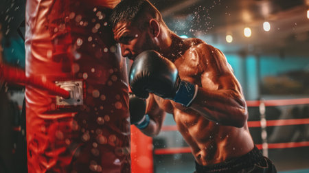 Muscular boxer delivering a punch to a punching bag. Intense workout with dedication. Man with back boxing gloves training. Concept of athletic training, boxing technique, strength, sport disciplineの写真素材