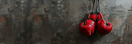 Red leather boxing gloves hanging on a grey wall. Banner. Textured background with copy space. Minimalistic sports equipment concept. Design for poster, banner, sport-related advertising. Copy spaceの写真素材