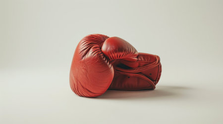 Single red boxing glove isolated on white background. Sports equipment and boxing concept. Design for sports gear catalog, ecommerce, and advertising with copy spaceの写真素材