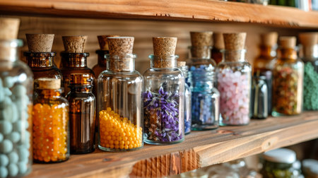 Variety of homeopathic remedies in glass bottles on a wooden shelf. Homeopathic pharmacy interior. Concept of alternative medicine, organic apothecary, herbal extracts, homeopathy, naturopathy.の写真素材