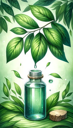 Digital art of a droplet dripping from green leaf into bottle. Essence extraction. Green backdrop. Concept of natural medicine, herbal essence, botanical extracts, organic healthcare. Verticalの写真素材