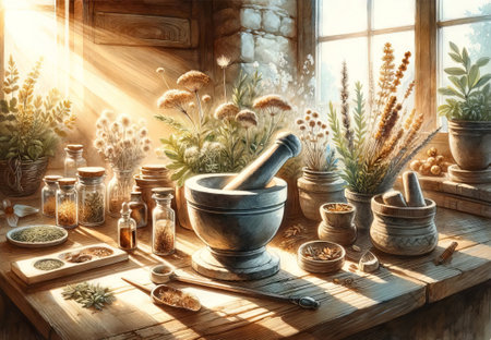 Digital art of Herbalist's study space with sunlight streaming through a window. A mortar and pestle among dried herbs on a wooden desk. Concept of herbal medicine, botanical studies, homeopathyの写真素材