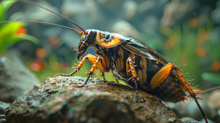 Vibrant cockroach on a stone in a natural habitat. Insect close-up. Concept of natural beauty, macro photography, and insect life.の写真素材