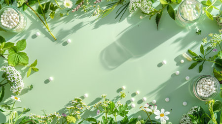 Homeopathic medicine setup with white pills and medicinal herbs on mint background. Concept of homeopathy, natural medicine, holistic remedies, phytotherapy and green pharmacy. With copy spaceの写真素材