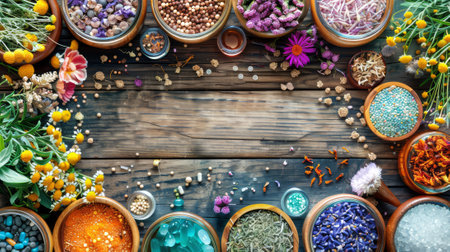 Array of homeopathic remedies, medicinal herbs, pills, and natural ingredients on wooden surface. With copy space. Top view. Flat lay. Concept of homeopathy, natural medicine, and green pharmacy.の写真素材