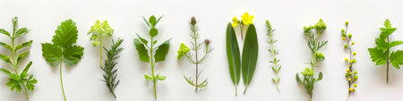 Collection of medicinal plants and herbs. Variety of herbal medicine flora. Concept of homeopathy, natural healing, botanical diversity, and alternative medicine. White backdropの写真素材