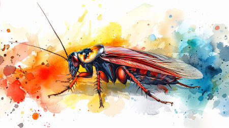 Watercolor illustration of a cockroach. Artistic depiction of an insect with colorful splashes....