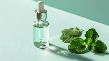 Essential oil in clear dropper bottle surrounded by green leaves. Concept of natural skincare, organic beauty products, aromatherapy, herbal cosmetics and botanical extracts. Copy space. Blue backdropの写真素材