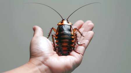 Person Hand holding a Madagascar hissing cockroach. Gentle interaction with nature. Concept of...