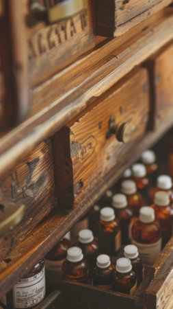 Homeopathic remedies neatly arranged in sliding wooden drawers. Rows of bottles in vintage...
