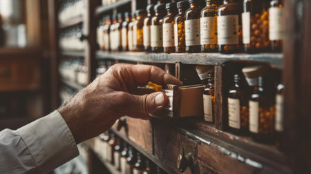 Homeopathic doctor's hand selecting homeopathic remedy from a vintage wooden cabinet filled with neatly organized remedy glass vials. Concept of Homeopathy, alternative medicine, natural healthcareの写真素材