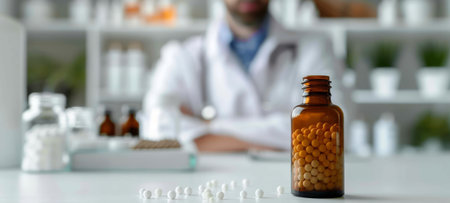 Bottle of homeopathic medicine pellets with a blurred doctor Homeopath in the background. White homeopathic globules. Concept of homeopathy, alternative medicine, organic apothecary, naturopathy.の写真素材