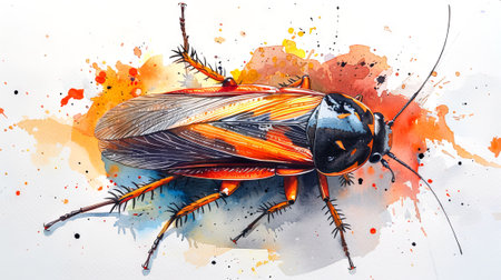 Watercolor illustration of a cockroach. Artistic depiction of an insect with colorful splashes. Concept of art, creativity, Pest insect, infestation, pest control, extermination, and sanitationの写真素材