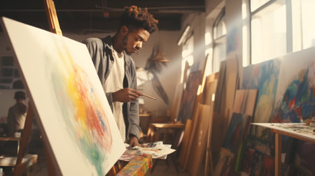 Young African American male artist painting on canvas in a studio. Concept of artistic talent, fine...