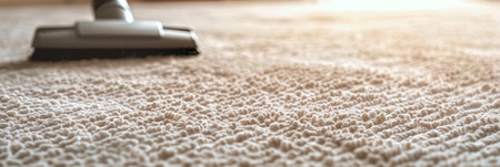 Vacuum cleaner in use on a white shag carpet. Thorough rug cleaning. Vacuuming. Concept of household chores, home hygiene, carpet grooming, and professional cleaning service. Banner. Copy spaceの写真素材