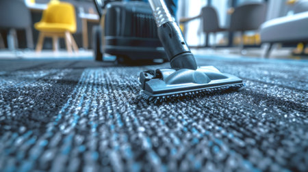Professional cleaning with a powerful vacuum cleaner on a textured blue carpet. Close-up of vacuuming action. Concept of commercial cleaning, detailed rug care, and professional janitorial services.の写真素材