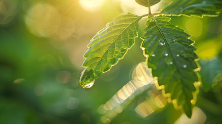 Sunlight filtering through a green leaf with water drops. Leaf glistening with dew in natural light. Concept of morning dew, growth, freshness, and eco-balance. Copy spaceの写真素材
