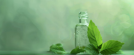 Green leaves and glass bottle on light green backdrop. Concept of natural purity, hydration, eco-friendly living, environmental beauty. Banner. Copy spaceの写真素材