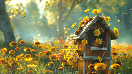 Bees buzzing around a hive amidst vibrant flowers. Beehive in a sunlit floral meadow. Concept of...