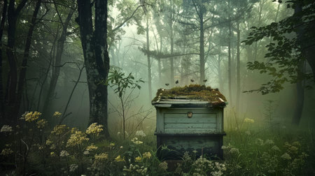 Beehive in a misty forest setting. Apiculture in a natural woodland environment. Concept of beekeeping, natural habitat, sustainable farming, and serene wilderness.の写真素材