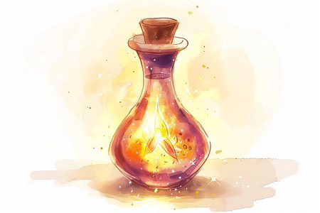 Magical potion in a glass flask with a glowing effect. Watercolor fantasy illustration. Concept for mystical and magical themed design and storytelling.の写真素材