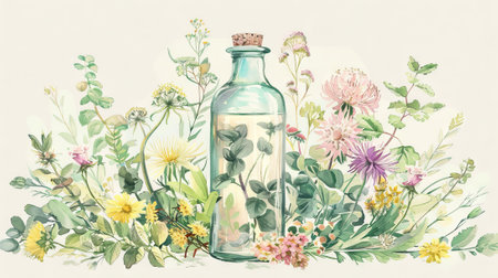 Bottle surrounded by medicinal plants. Flask with homeopathic herbs. Concept of natural remedy, homeopathy, botanical extract, herbal essence, alternative medicine. Watercolor illustrationの写真素材